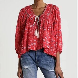 Free People Red & Purple Floral Bohemian Blouse